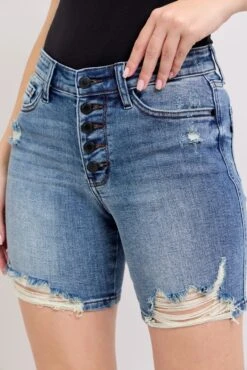 Judy Blue Button Fly Mid Length Denim Shorts W/ Destroy