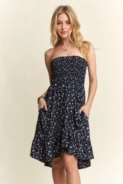 ADORA Smocked Floral Tube Dress With Pockets