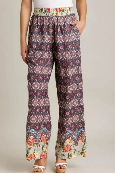 Umgee Full Size Mixed Print Elastic Waistband Pants Plus Size 3 Umgee Full Size Mixed Print Elastic Waistband Pants Plus Size