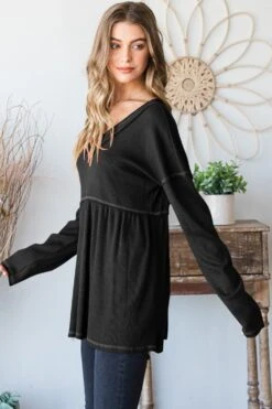 Heimish Full Size V-Neck Long Sleeve Ribbed Babydoll Top -Little Loom Store 55532b9d 8778 43f5 a3df a738cc8d680c Max