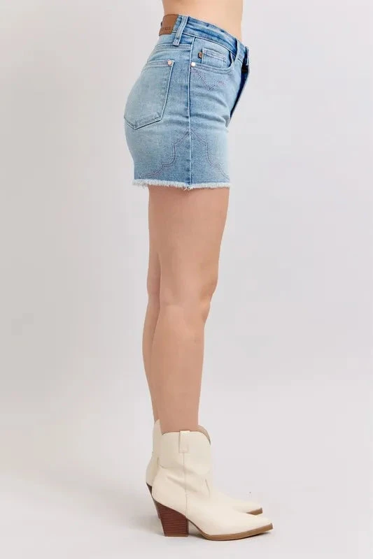 Judy Blue High Waist Western Embroidery Detail Cut Off Denim Shorts 9 Judy Blue High Waist Western Embroidery Detail Cut Off Denim Shorts - Image 7