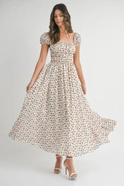 MABLE Floral Print Puff Sleeve Gathered Midi Dress