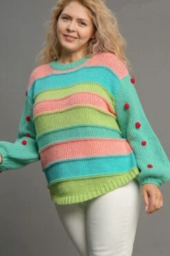 Umgee Full Size Color Block Cable Knit Sweater With Pom Pom Plus Size -Little Loom Store 5750fc70 23f5 42a8 bb02 6ac2efc87e99 Min