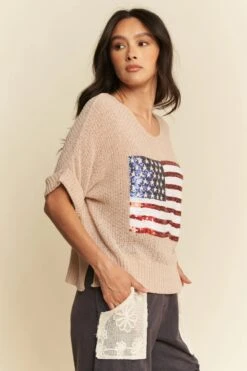 Davi & Dani Sequin American Flag Patch Short Sleeve Knit Top -Little Loom Store 585abdae675c4ad3b8b4a72411196428 Max Origin