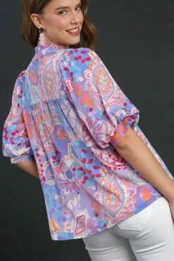 Umgee Full Size Mixed Print Notched Puff Sleeve Blouse Plus Size -Little Loom Store 59fe455c 3eb0 4525 b9fc b7cd2a237a66 Min