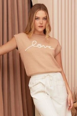 Mittoshop Contrast Letter Round Neck Cap Sleeve Knit Top