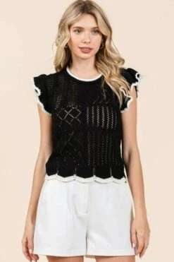 Mittoshop Openwork Contrast Trim Ruffled Cap Sleeve Knit Top -Little Loom Store 5cde990a ed3a 46c1 ab62 934c6c82bc67 Min