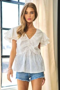 Davi & Dani Shirring V-Neck Ruffle Gingham Plaid Printed Top -Little Loom Store 5d9bfae4ccaf48c78392653f05b2c33c Max Origin