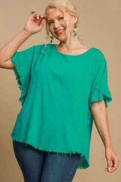 Umgee Full Size Raw Hem Ruffle Short Sleeve Blouse Plus Size -Little Loom Store 62593e8f 1705 4bb8 aef3 fa622184b869 Min