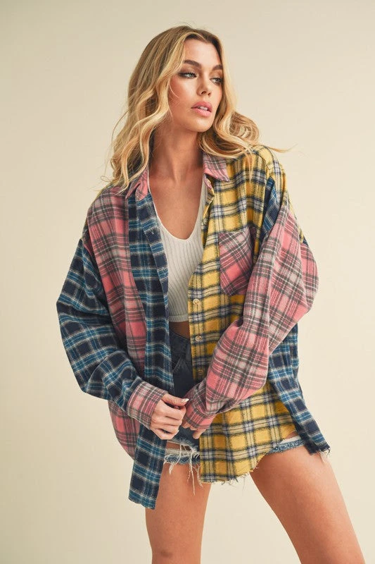 Aemi + Co Frayed Hem Color Block Plaid Drop Shoulder Shirt 4 Aemi + Co Frayed Hem Color Block Plaid Drop Shoulder Shirt - Image 2