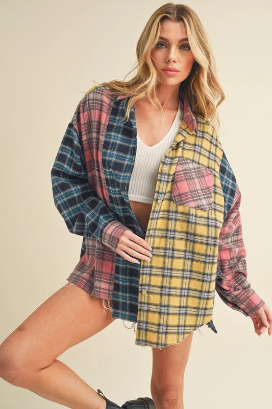 Aemi + Co Frayed Hem Color Block Plaid Drop Shoulder Shirt 3 Aemi + Co Frayed Hem Color Block Plaid Drop Shoulder Shirt