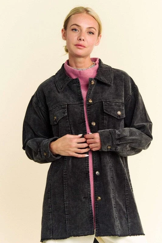 Davi & Dani Washed Corduroy Raw Hem Button Up Jacket 3 Davi & Dani Washed Corduroy Raw Hem Button Up Jacket