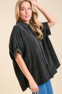 Umgee Full Size Cotton Gauze Mineral Wash Button Down Shirt Plus Size