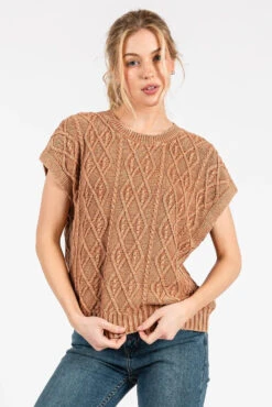 Mittoshop Mineral Wash Cap Sleeve Cable Knit Sweater Top