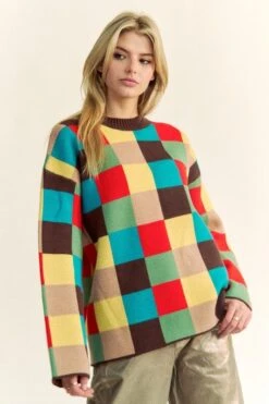 Davi & Dani Color Block Checkered Dropped Shoulder Sweater -Little Loom Store 6c614156 d744 4ff7 afae 469928c508ef Max