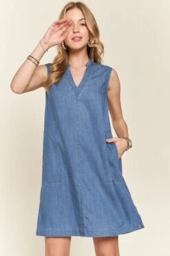 ADORA Notched Sleeveless Denim Dress With Pockets -Little Loom Store 6d2ad9df 1f2a 4224 a7cc 65f29c107d4b Min
