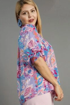 Umgee Full Size Mixed Print Notched Puff Sleeve Blouse Plus Size -Little Loom Store 6dee7289 0533 4c69 9057 2b463d96b296 Min
