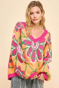 Davi & Dani Floral Contrast V-Neck Dropped Shoulder Sweater -Little Loom Store 6e15ca12 ab93 4b11 b673 657e96d8b338 Max
