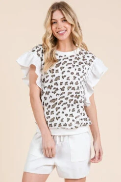Lime 'N' Chili Ribbed Leopard Print Ruffle Detail Sleeveless Top