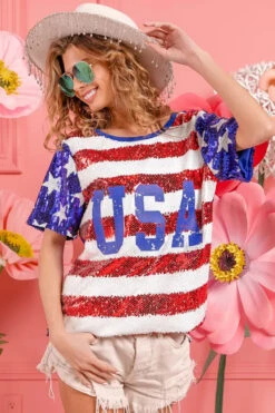 BiBi American Flag Theme USA Lettering Sequin Top -Little Loom Store 7396522a460e4509ab02699ce414919a Max Origin