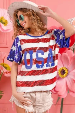 BiBi American Flag Theme USA Lettering Sequin Top -Little Loom Store 7421969a907d41eda28730934992f6ba Max Origin
