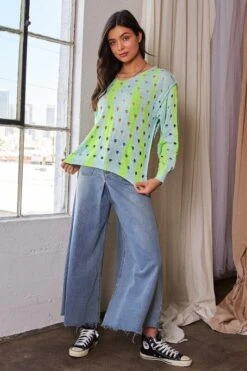 Davi & Dani Two-Tone Ribbed Hem Openwork Knit Top -Little Loom Store 7551097e 0262 4705 8482 4e3a56484f8e Max