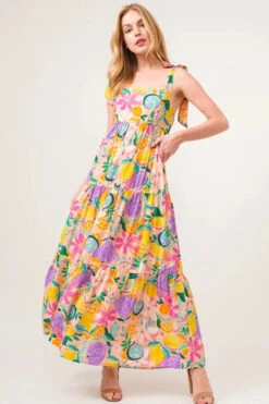 And The Why Shoulder Strap Tropical Fruit Printed Tiered Maxi Dress