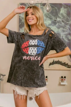 BiBi Laser Cut Mineral Washed Old Glory Lip Print Top -Little Loom Store 776e4970dd714e39bf0ff73e30a3f61a Max Origin