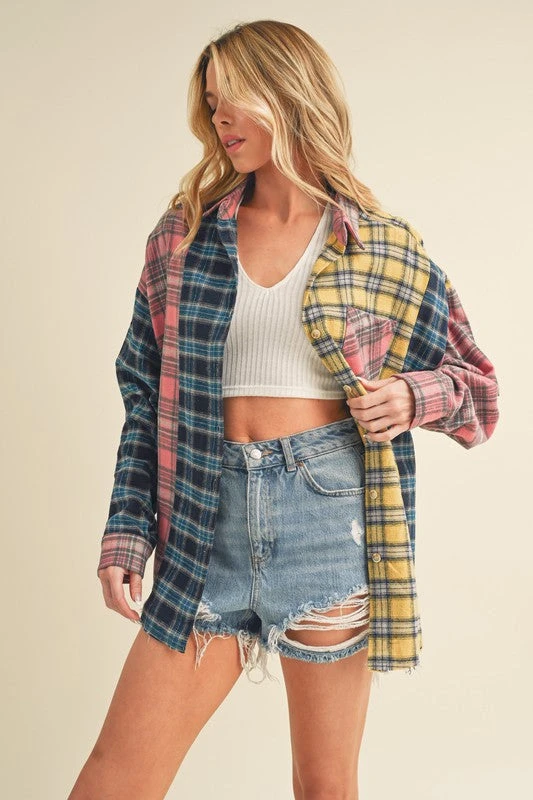 Aemi + Co Frayed Hem Color Block Plaid Drop Shoulder Shirt 5 Aemi + Co Frayed Hem Color Block Plaid Drop Shoulder Shirt - Image 3