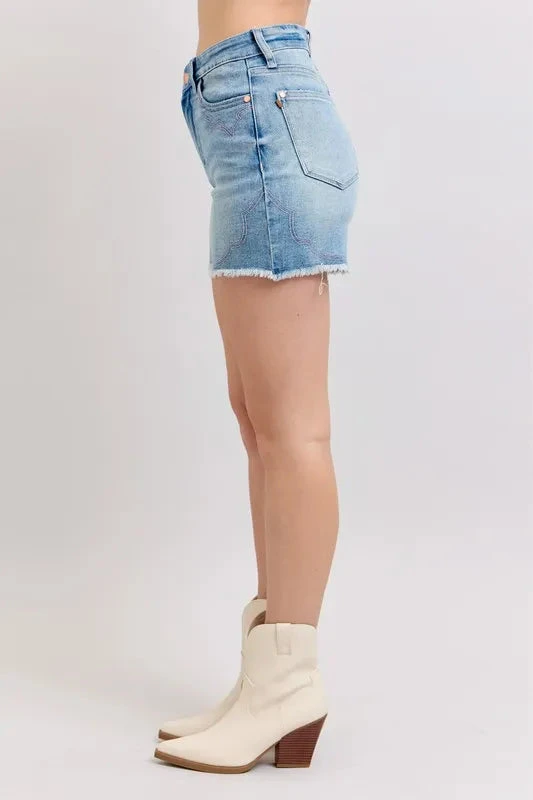 Judy Blue High Waist Western Embroidery Detail Cut Off Denim Shorts 6 Judy Blue High Waist Western Embroidery Detail Cut Off Denim Shorts - Image 4