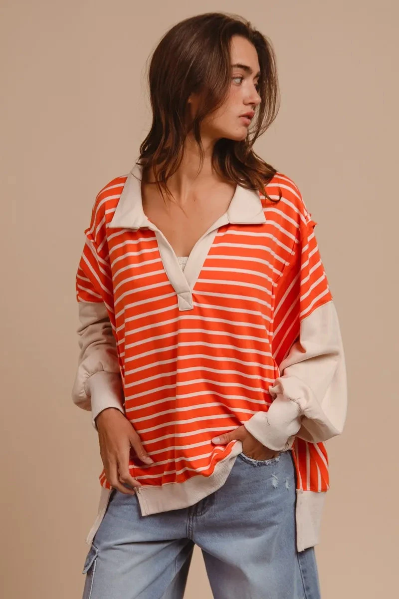 BiBi Stripe Knit Loose Fit Top With Cut Edge Detail 4 BiBi Stripe Knit Loose Fit Top With Cut Edge Detail - Image 2