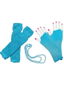 80s Costume Accessories Set In Blue - Leg Warmers, Fishnet Gloves, Beads