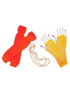 80s Costume Accessories Set In Neon Orange - Leg Warmers, Fishnet Gloves, Beads