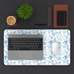 Floral Desk Mat - Elegant Blue Floral Design For Home Office Decor -Little Loom Store 851220929259804183 2048