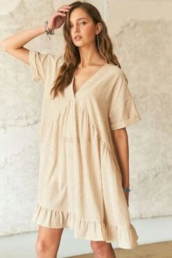 ADORA Ruffled Hem Striped V-Neck Babydoll Dress -Little Loom Store 867113d4 8548 499d 85fe edf3a4fe57f6 Min