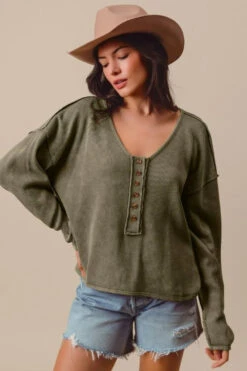 SO ME Frayed Cut Mineral Washed Deep V Neck Waffle Top