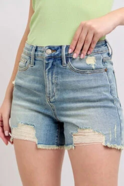 Judy Blue High Rise Washed Fly Stitch Detail And Destroy Denim Shorts