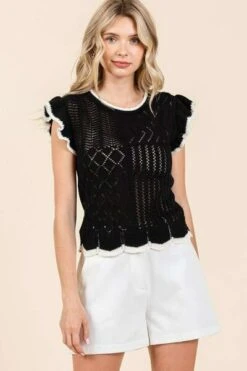 Mittoshop Openwork Contrast Trim Ruffled Cap Sleeve Knit Top -Little Loom Store 8dd549de cfbd 4df5 a486 78bb89869a89 Min