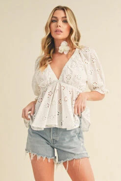 Aemi + Co Eyelet Embroidered V-Neck Half Sleeve Peplum Blouse
