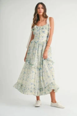 MABLE Floral Printed Shoulder Strap Midi Dress