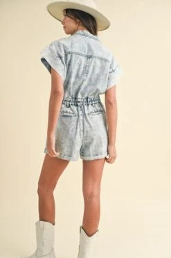 Annie Wear Elastic Waistband Short Sleeve Denim Romper -Little Loom Store 920817cf b891 46ce b303 c3eabd39fe9f Max