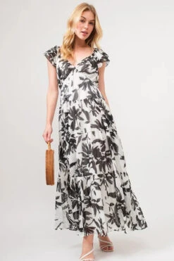 And The Why Ruffled Sleeve Tiered Floral Print Maxi Dress
