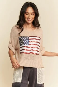 Davi & Dani Sequin American Flag Patch Short Sleeve Knit Top -Little Loom Store 931af10d4b9c483b97e006fc2eedd994 Max Origin