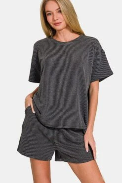 Zenana Rib Short Sleeve T-Shirt And Shorts Set