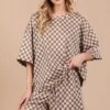 Ces Femme Checkered Round Neck Top And Shorts Set