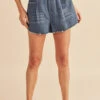 Aemi + Co Frayed Hem Elastic Waist Denim Shorts