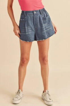 Aemi + Co Frayed Hem Elastic Waist Denim Shorts