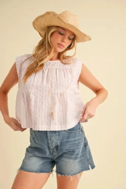 Aemi+Co Ruched Striped Round Neck Sleeveless Top