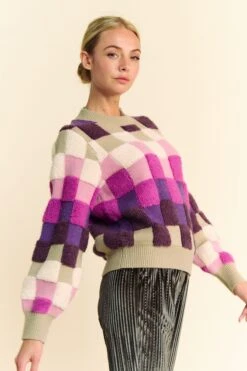 Davi & Dani Checkered Round Neck Long Sleeve Sweater -Little Loom Store 9e365543 96f1 4899 9a43 bcbd30e0fd57 Max