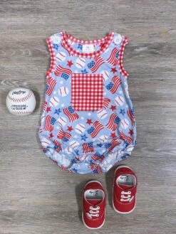 All-American Slugger Baby Patriotic Baseball Bubble Romper